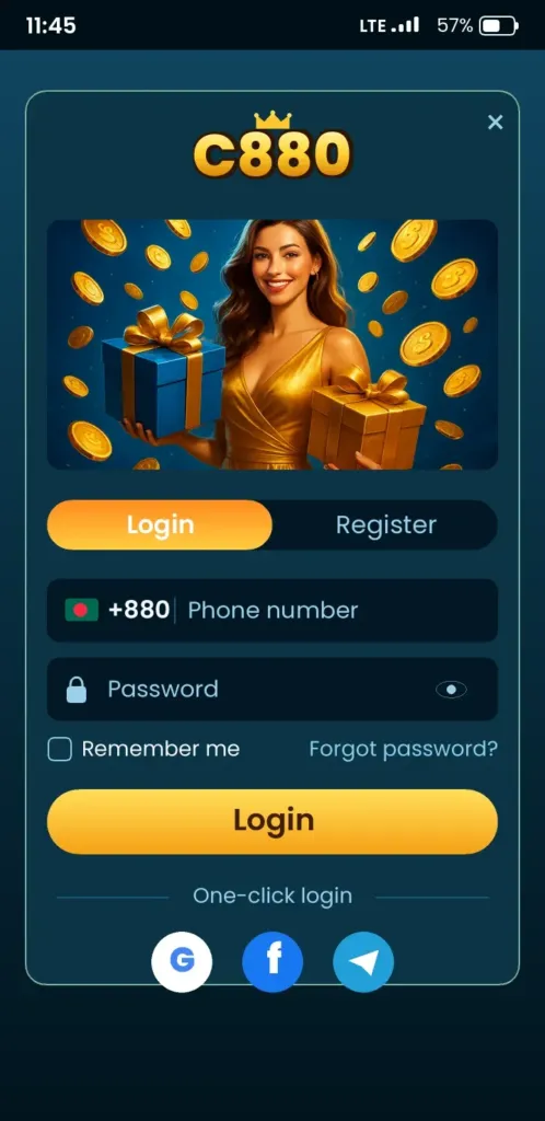 C880 Register C880 login – sign-in screen with phone number and password fields